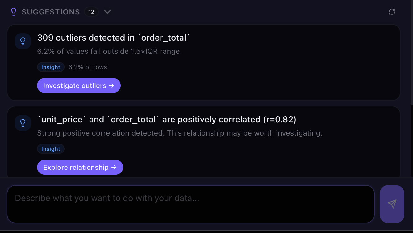 Prepyr data tab showing reviewable cleaning suggestions for a CSV file
